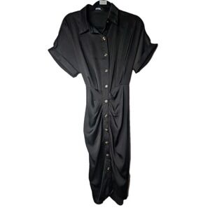 BTFBM Women's Dress Sz Medium Collar Button Down Tie Waist Ruche Polyester Blend